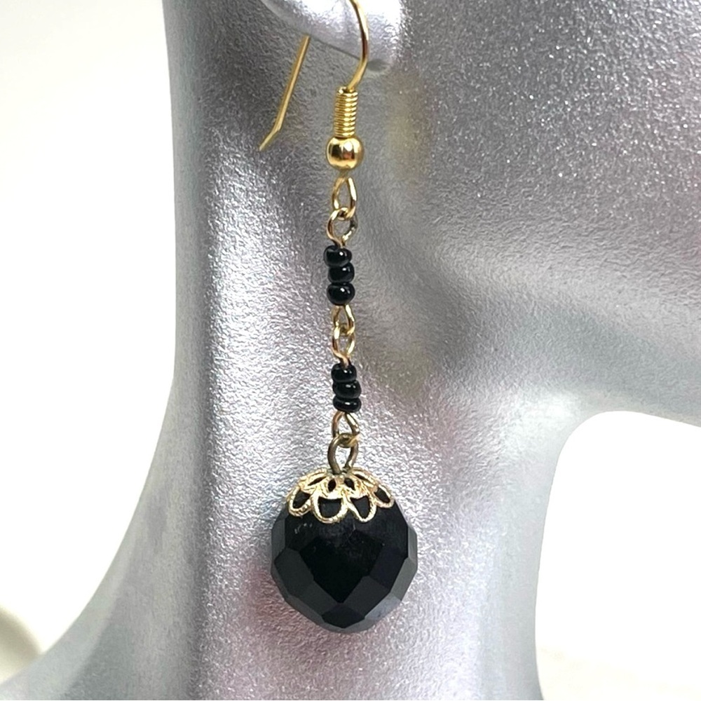 Faceted Black Glass Drop Earrings
